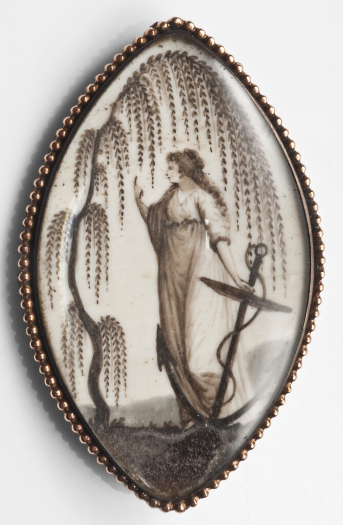 Sarah Honlett mourning brooch, painted in sepia tones on ivory, 1788.