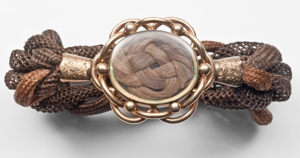 19th century woven human hair bracelet to commemorate a family.