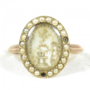 Sepia ring, c.1770, pearls, cherub, wreath, column, hearts, dove