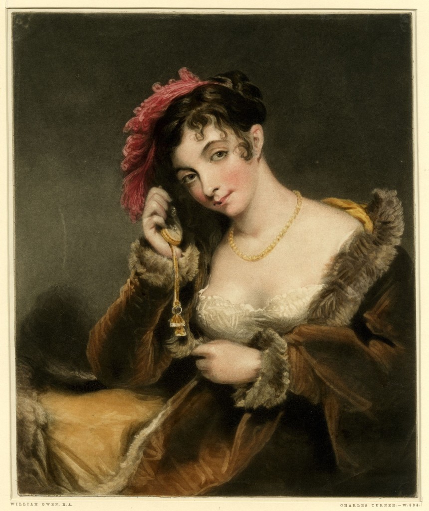 A fashionable young lady, half-length, holding a watch to her ear Mezzotint printed in colour