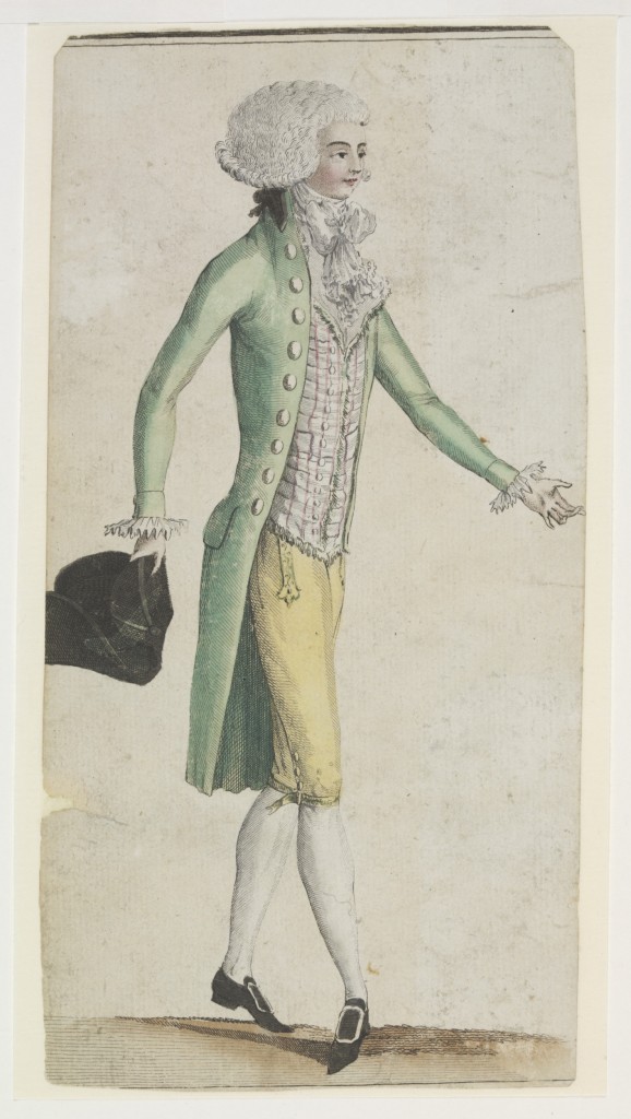 c.1780s French hand-coloured engraving on paper. Fashion plate