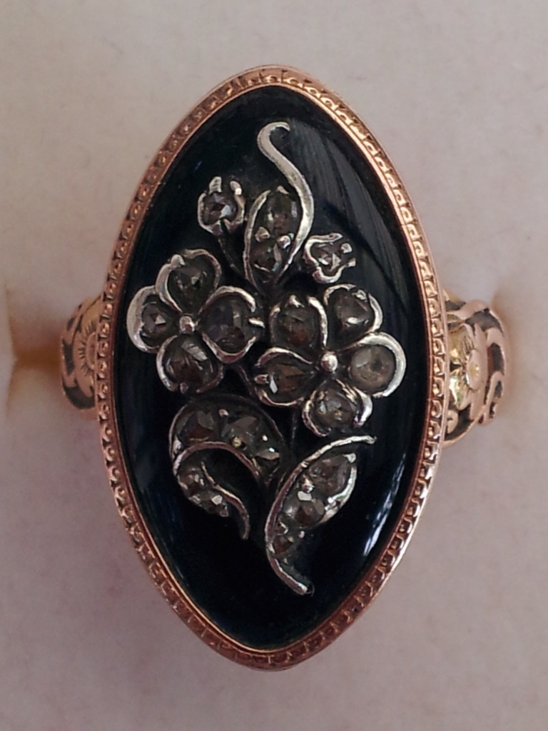 forget-me-not ring, sentimental, blue enamel, cobalt, diamond, rose