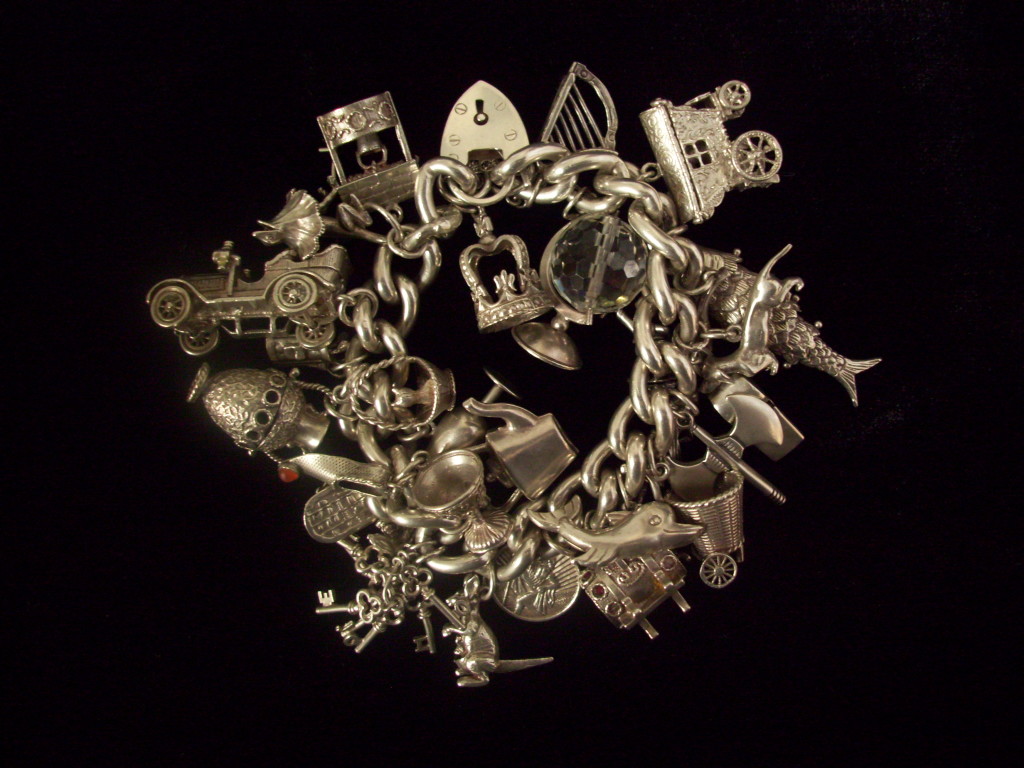 Charm bracelet showing multiple charms