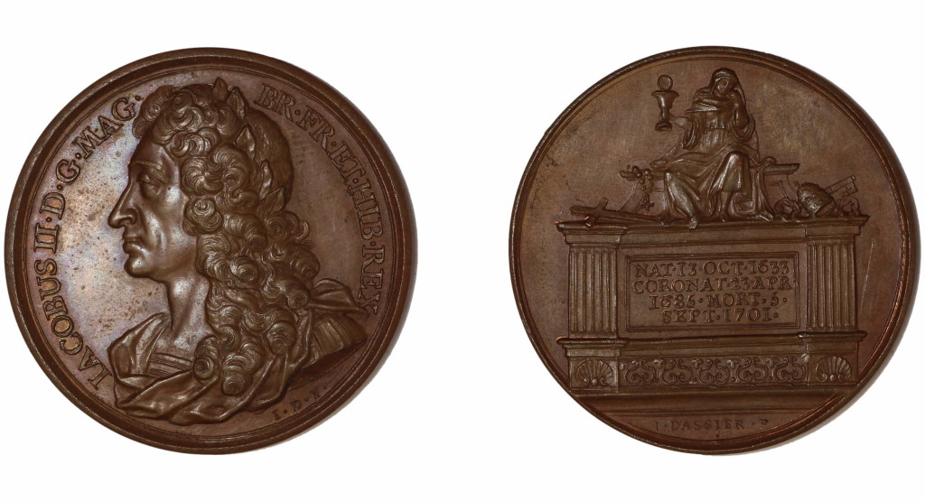 Bronze medal.(obverse) Bust of James II, left, laureate, hair long, in armour and mantle. (reverse) On a square tomb is seated Religion, mourning, amid various ornaments and symbols of Roman Catholicism. The front is an inscription.