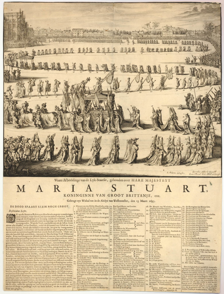 A broadside on the funeral of Queen Mary II in Westminster on 15 March 1695; with an engraving by Scherm showing an open square with funeral procession winding towards a church, in the second line the cortege with the coffin of the queen, pulled by eight horses, on the R a group of soldiers preparing to fire salutes; with engraved numbering 1-101, and lettering A-D, and with letterpress title and text and legends in five columns. (Amsterdam, Allard: 1695)