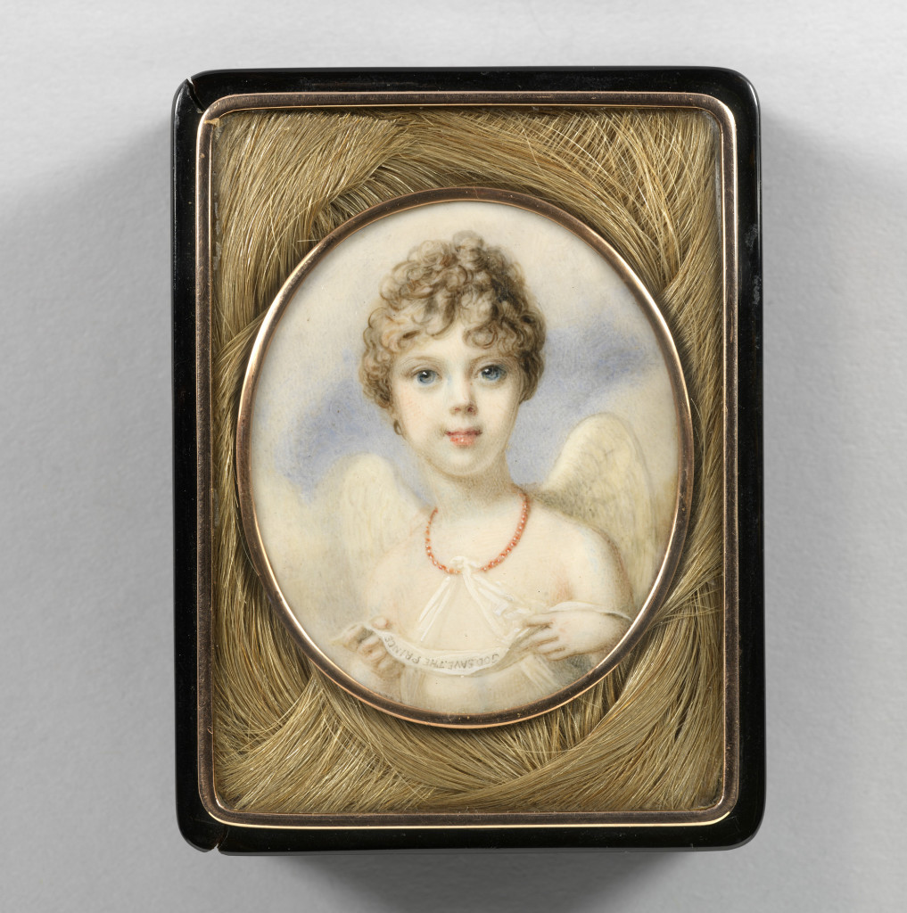 This portrait of Princess Charlotte depicts her at about three years old, as a winged cherub holding a white ribbon inscribed : GOD SAVE THE PRINCE. The Cosway accounts for 1799 record three miniatures of ‘Princess Charlotte for the Prince’ at £26.5s. 0d. and it is likely that one of the entries relates to this miniature.  Princess Charlotte was the only child of George, Prince of Wales, later George IV (1762-1830) and Princess Caroline of Brunswick (1768-1821). After her parents separated, she joined the Prince of Wales’s household at Carlton House and then was taken to live at the Lower Lodge, Windsor Castle, from 1805 onwards. Her relationship with her father was distant, particularly when she broke off her engagement to William, the hereditary Prince of Orange, in 1813. In May 1816, she married Prince Leopold of Saxe-Coburg-Saalfeld, later King of the Belgians, but died soon after the birth of a stillborn son in 1817. She had become a very popular figure and was deeply mourned both by her husband and the general public. 