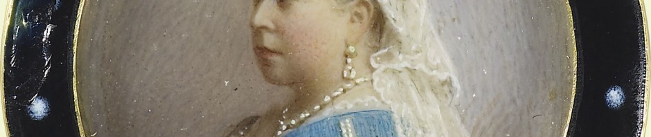 A gold mourning brooch with black and white enamel frame set with circular miniature of Queen Victoria wearing the riband of the Order of the Garter