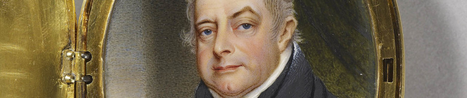 Miniature of William IV when Duke of Clarence, bust-length, wearing a black coat and waistcoat over a white stock with the sash and star of the Order of the Garter mounted in a gold locket, possibly by Rundell, Bridge & Co., with chased and repoussé Garter emblems and with his crowned initials on the lid, the reverse chased with the badge of the Order of the Bath within the collar and the badge of the Order of the Thistle on a matte ground.