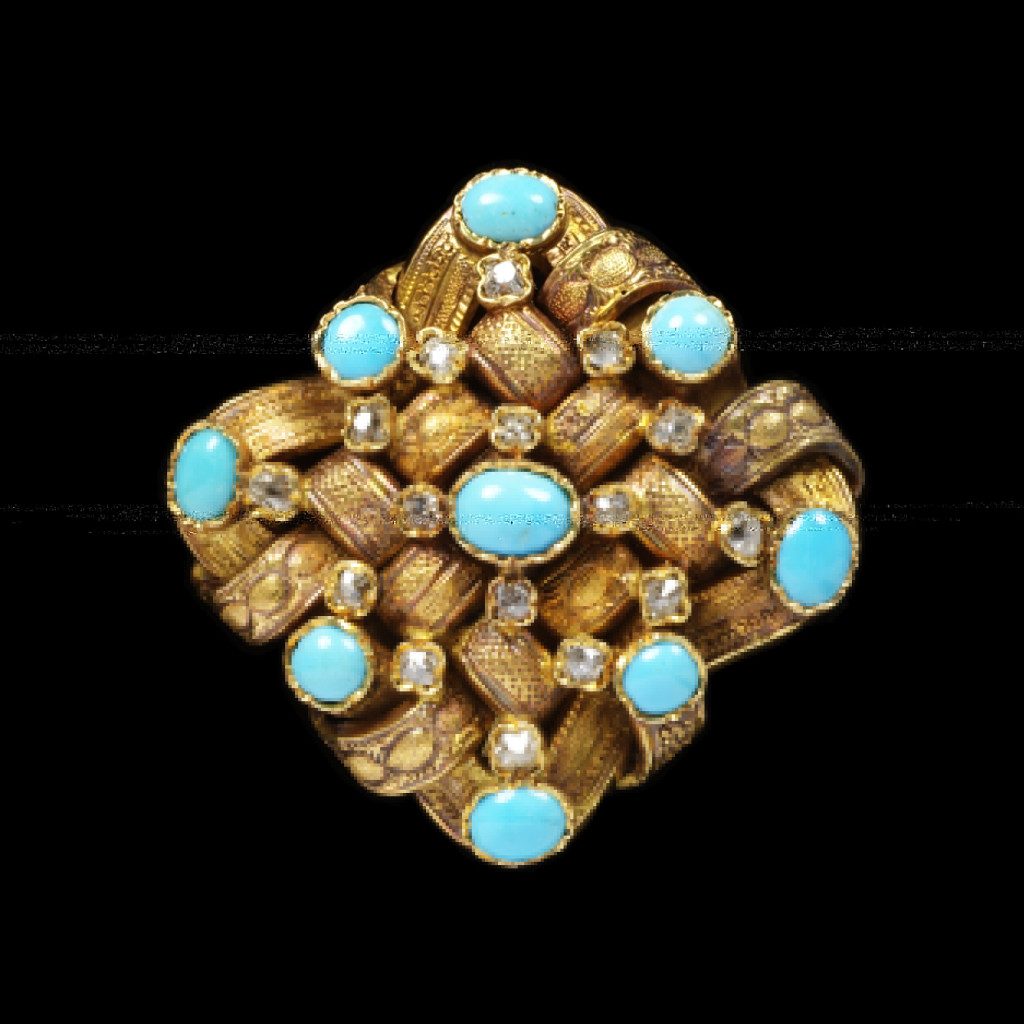 Victorian jewellery is rich in sentimental symbolism, used to signify mourning, love and friendship. Turquoise was used in profusion in jewellery of the 19th century. The bright blue colour echoed forget-me-nots, which signified true love in the language of flowers used in sentimental jewellery. It was a popular gift to bridesmaids, often in the form of turquoise doves. In 1840, Queen Victoria gave her twelve bridesmaids turquoise brooches in the shape of a Coburg eagle, a reference to Prince Albert's family.