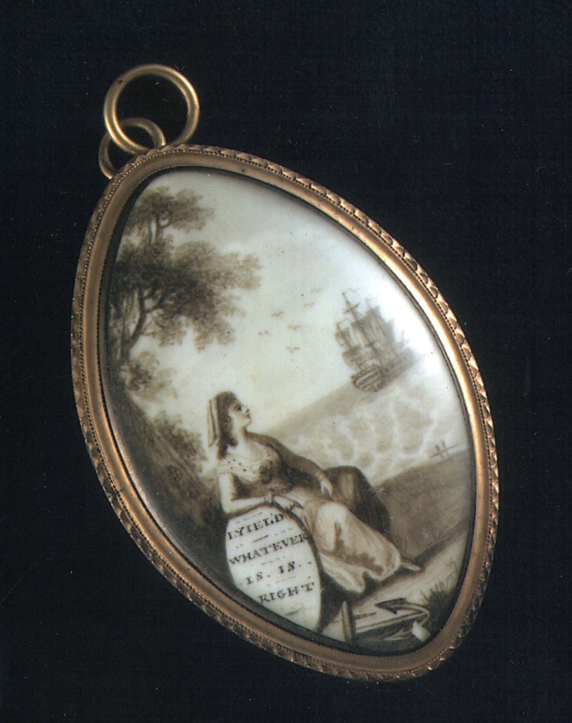 I hope you rested well. Here's a really lovely pendant we exhibited in our show at MHS- it belonged to Abigail Adams, wife of John Adams (2nd Pres. of US). I believe she was given this in 1778, by her husband, when he sailed for France with his 10-year-old son John Quincy aboard the twenty-four gun frigate, Boston, on February 15, 1778. The stormy trip was treacherous, with lightning injuring 19 sailors and killing one. Adams' ship was later pursued by several British frigates in the mid-Atlantic, but evaded them. Near the coast of Spain, Adams himself took up arms to help capture a heavily armed British merchantman ship, the Martha. Later, a cannon malfunction killed one and injured five more of Adams' crew before the ship finally arrived in France. courtesy of Adams Historical Park, Quincy, MA