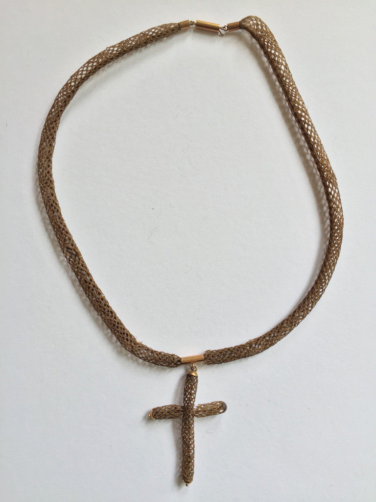 Hairwork necklace, wide weave, with crucifix, c.1880