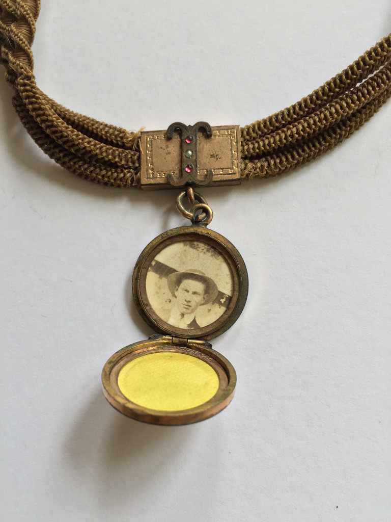 Blonde fob hair chain, with I initial and photograph, c.1890