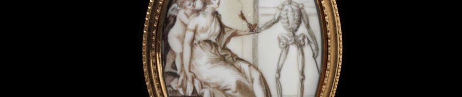 Engraved gold frame, ivory painted in watercolour with a miniature of a woman handing a heart pierced by an arrow to a figure of Death, surmounted by an inscription I ALONE CAN HEAL The back of plaited hair crossed by the name Fergusson on paper. Exposed breast.