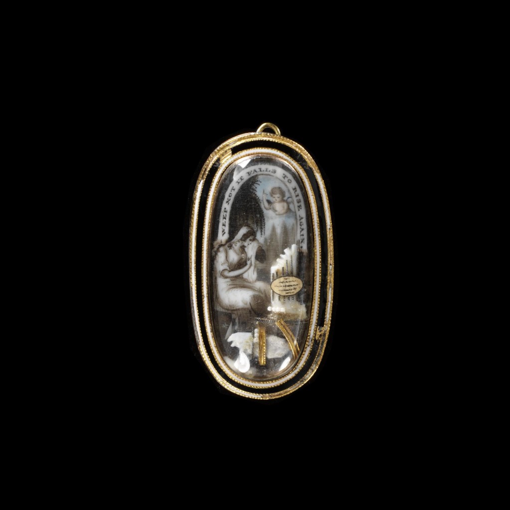 Enamelled gold frame enclosing a painted miniature, embellished with ivory, gold foil and hair, of a woman seated by a column, with an angel pointing to a label inscribed Weep not, it falls to rise again. English, c.1800. Image courtesy of the V&A Museum.