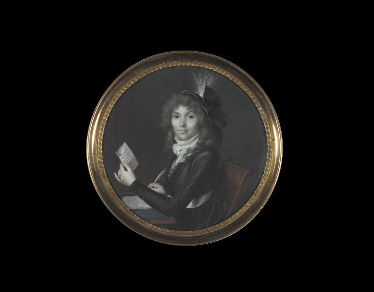 Portrait of a Lady Writing a Letter, about 1795. Frédéric Dubois (French, active 1780–1819). Watercolor on ivory; diameter 7.9 cm. Allen Memorial Art Museum, Oberlin College, Oberlin, Ohio, R. T. Miller Jr. Fund 1961.72