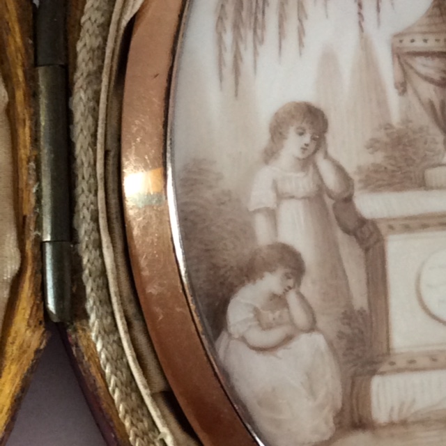 Neoclassical miniature for a grieving family in original case. Scenario features a father, two children in white, the plinth, urn and willow.