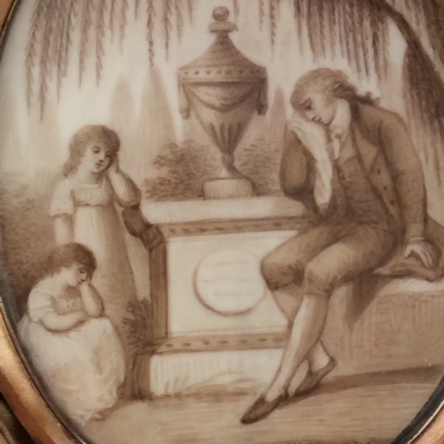 Neoclassical miniature for a grieving family in original case. Scenario features a father, two children in white, the plinth, urn and willow.