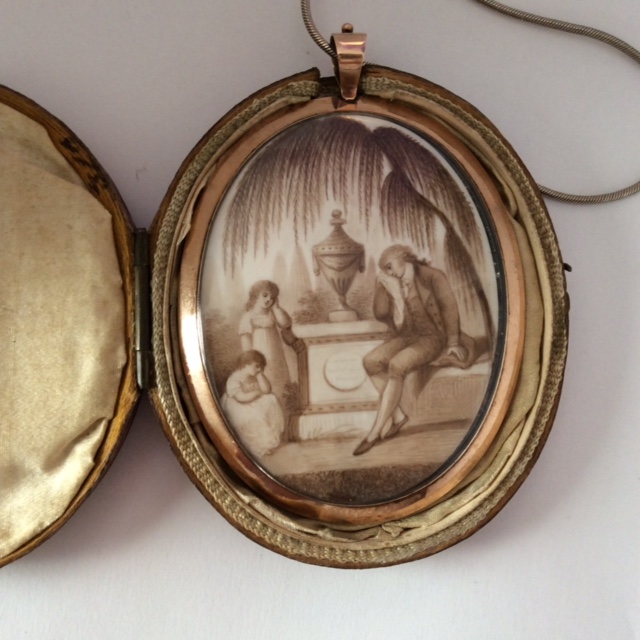 Neoclassical miniature for a grieving family in original case. Scenario features a father, two children in white, the plinth, urn and willow.