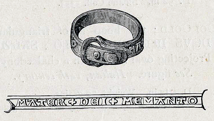 Finger-ring; bronze; in form of buckled strap; inscribed 'MATER DEI MEMANTO', c.14th century.