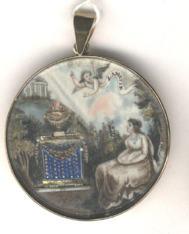 Circular mourning miniature in watercolour, featuring cherub, blue plinth and high relief urn.