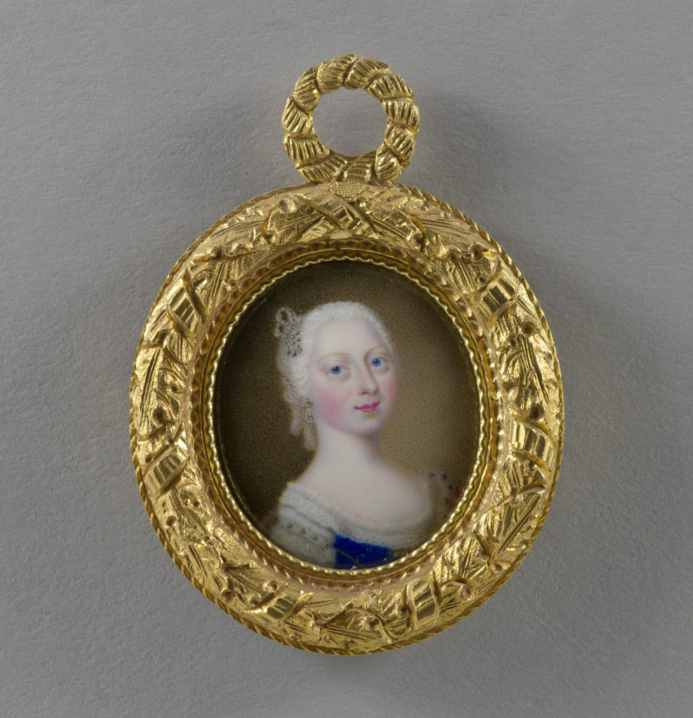 Princess Elizabeth was the second daughter of Frederick, Prince of Wales, and Princess Augusta. No other comparable portrait is known of the Princess, and this was probably painted from life shortly before she died. She suffered ill health from childhood but Horace Walpole, art historian and writer, described her determination to join in with the activities of her siblings: ‘I saw her act in ‘Cato’ at eight years old, (when she could not stand alone, but was forced to lean against the side-scene,) better than any of her brothers and sisters. She had been so unhealthy, that at that age she had not been taught to read, but had learned the part of Lucia by hearing the others study their parts. She went to her father and mother, and begged she might act. They put her off as gently as they could – she desired leave to repeat her part, and when she did, it was with so much sense, that there was no denying her’. The portrait is initialled 'G' to the right above the sitter's shoulder. The artist, Andreas Henry Groth (active 1740-55) was born in Germany and appointed Painter in Enamels in Ordinary to George II in 1741-2. Walpole described him as: ‘a German, painted in watercolours and enamel, but made no great proficience’. Groth's period of activity is usually believed to have ceased by 1755, but if the Princess is shown here aged approximately eighteen years old, the miniature must date from about 1758. Inscribed in ink in eighteenth-century handwriting on a paper label: Pss Elizabeth Caroline died 19.