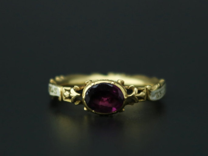 Mourning ring for sr, Oswald Mosley FE:1757 AE:52 with white enamel and amethyst.