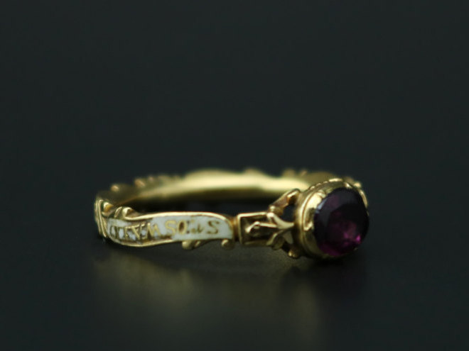 Mourning ring for sr, Oswald Mosley FE:1757 AE:52 with white enamel and amethyst.