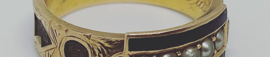 Mourning ring for 'father', black enamel, pearl, hair. 1888.