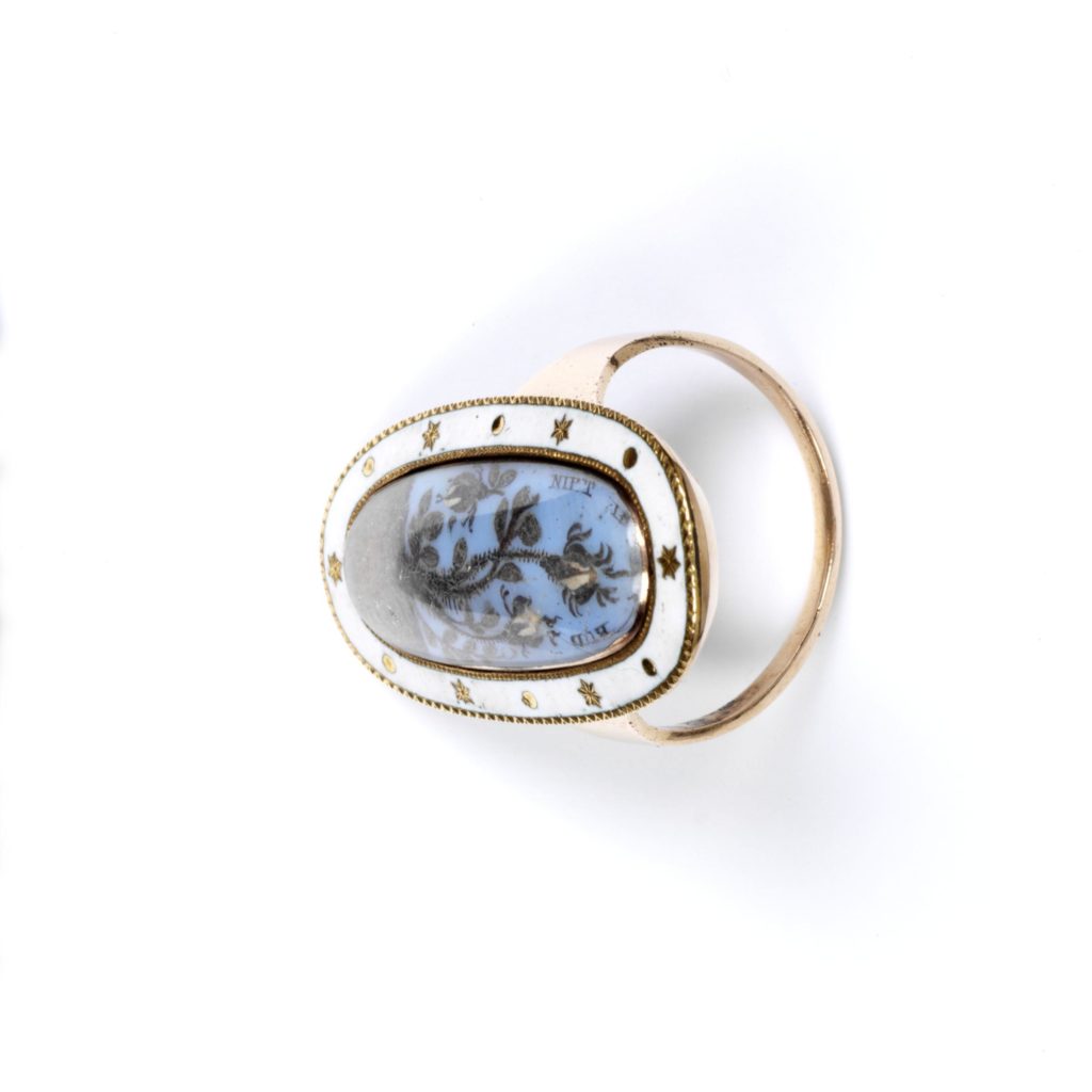 Gold, enamel and hair mourning ring for Butterfield Harrison, England, 1792. Description reading "Nipt in the bud", featuring a cut rose.