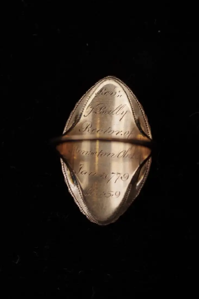 Mourning ring with dedication; “Sacred to the memory of E.B & G.B” Reverse: “Reverend G. Bally Rector of Monxton O.B Jan 18 1779 A.E 59”.
