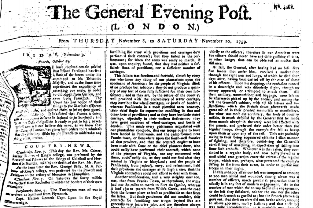 The General Evening Post, Thursday November 8 to Saturday November 10, 1759.