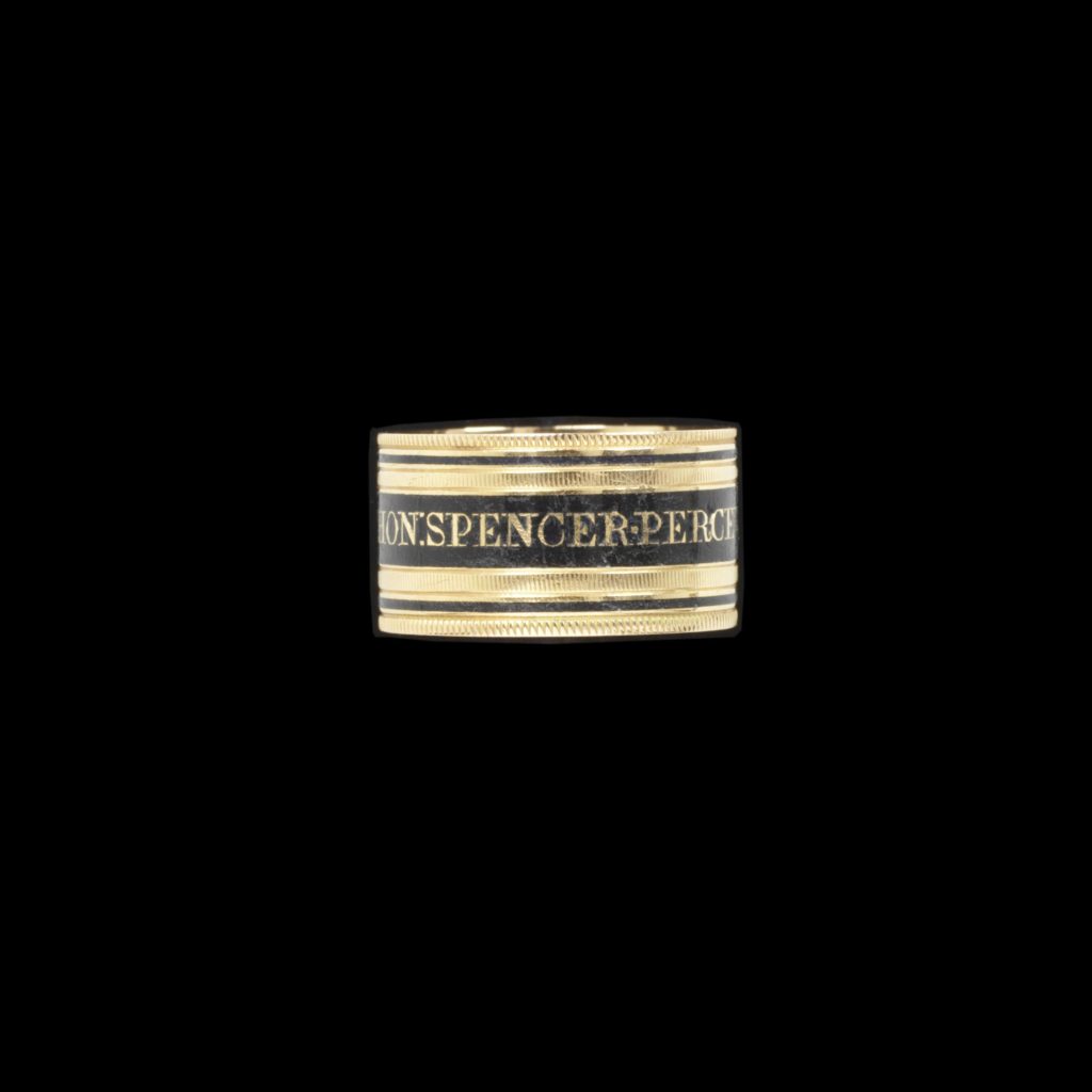 Gold mourning ring, enamelled in black. The hoop inscribed outside RT.HON: SPENCER. PERCEVAL OB:11.MAY.1812 .AE.49. and inside died by the hand of an Assassin. with London hallmarks for 1812-13 and maker's mark 'SG.' for Samuel Glover