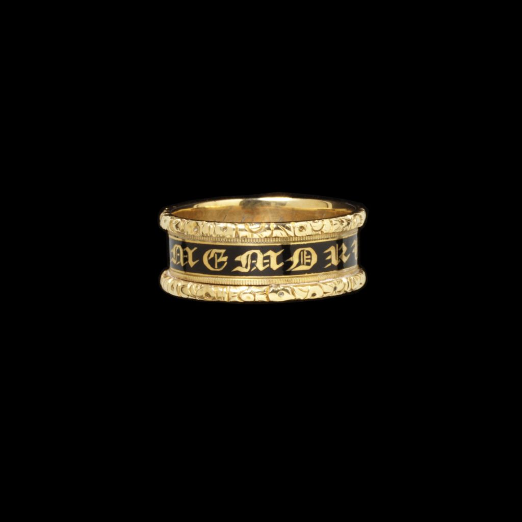 The black enamel of this ring indicates that the deceased, Esther Ferriman, was married. Esther was born in 1775 and married George Ferriman. She died aged 42 at Kingston-upon- Thames, Surrey. Marks inside the ring show that it was made in York in 1824-5, a few years after Esther's death (1817). Courtesy V&A.