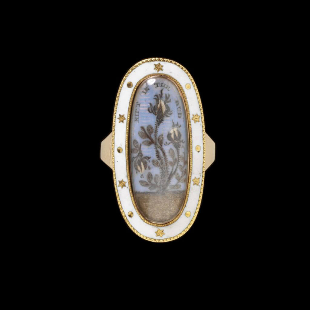 Gold, enamel and hair mourning ring for Butterfield Harrison, England, 1792.