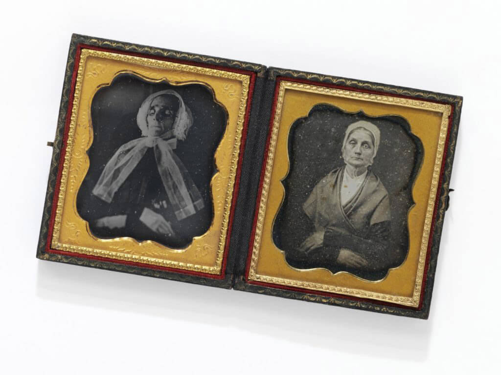 "The unusual example of the 'double portrait', housed in one case of the elderly woman alive and deceased makes a powerful comparative pairing. The subject's resting pose of her crossed hands in the life portrait is intentionally and aptly echoed in the post mortem image." - V&A Museum