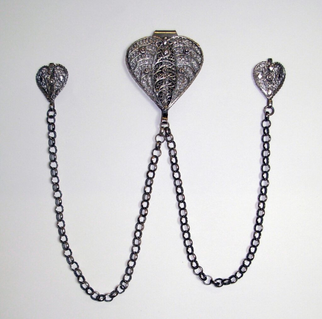 Silver filigree chains, part of Swiss traditional jewellery is the lavish use of chains and filigree. c.1849-99. Courtesy V&A.