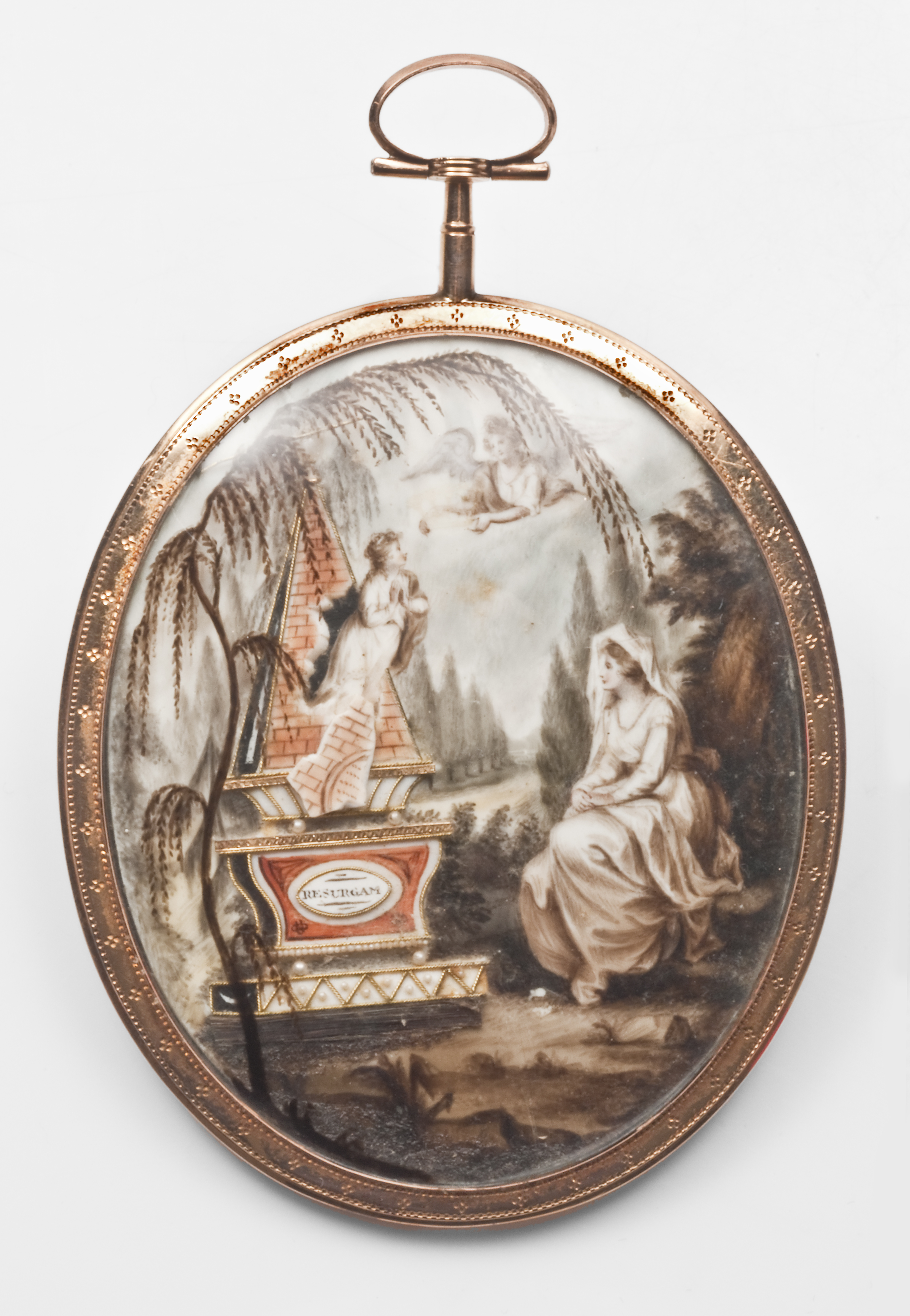 "RESURGAM" (resurrection) mourning miniature painted on ivory. This features the mourning classical female, the soul of the child, angels, a tomb, cypress and willow.