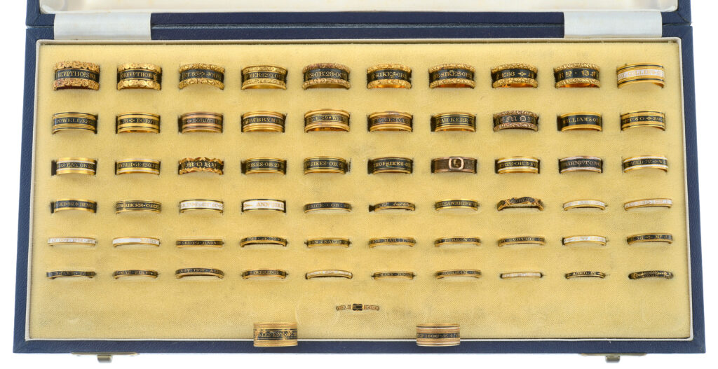 Collection of mourning rings from a family c.1710 - c.1840. Auctioned by Fellows Auctions UK in October 2021.