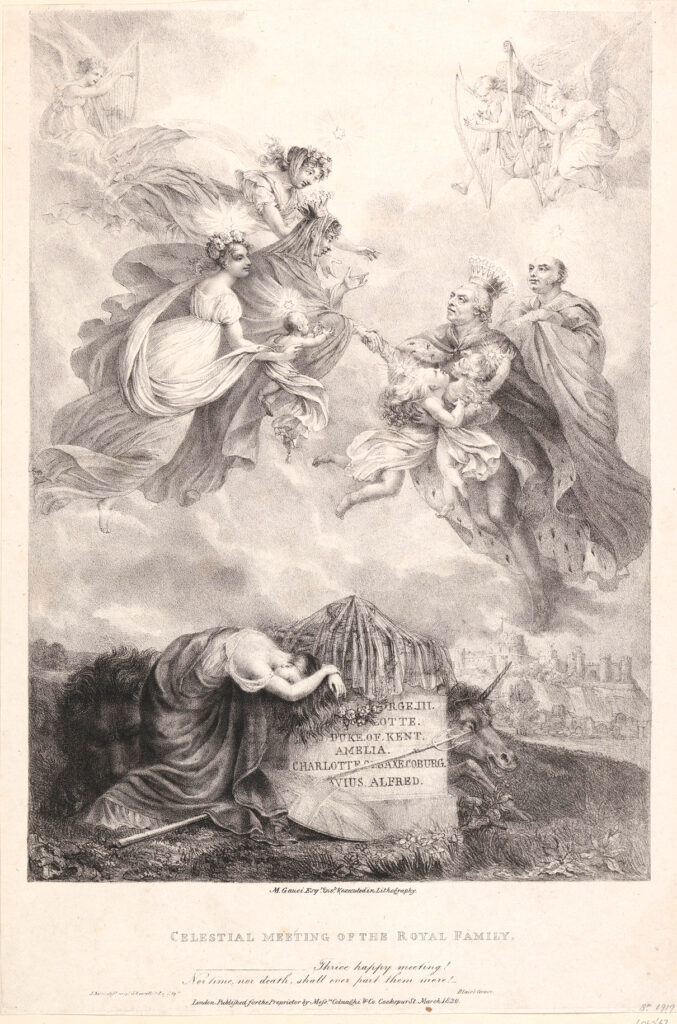 George III memorial print, depicting the meeting of George with his departed family in the heavens with Britannia weeping below. Royal Collection Trust UK.