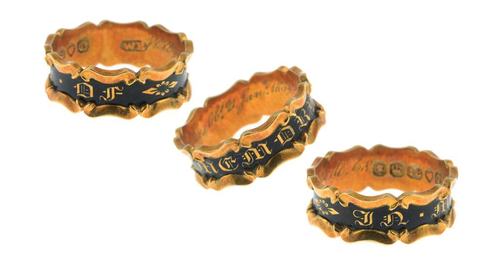 William Sikes mourning ring. 'William Sikes, OB 21 Jan, 1839 AE 68'. Designed in the Gothic Revival style.