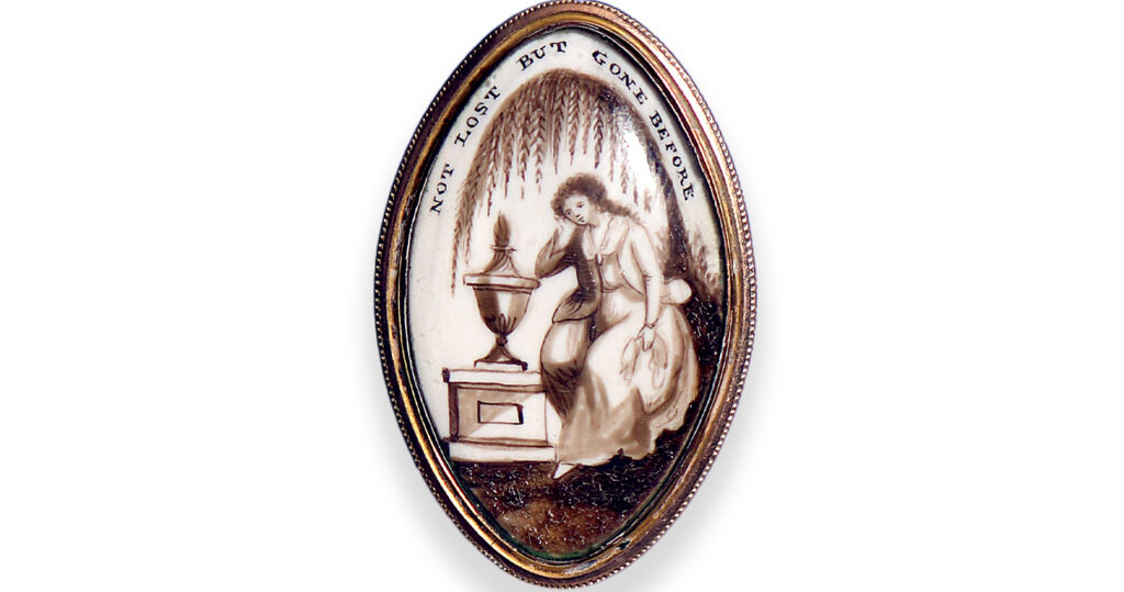 "Not Lost But Gone Before" mourning miniature, depicting a lady weeping next to the urn and pedestal with a weeping willow overhead. c.1790.
