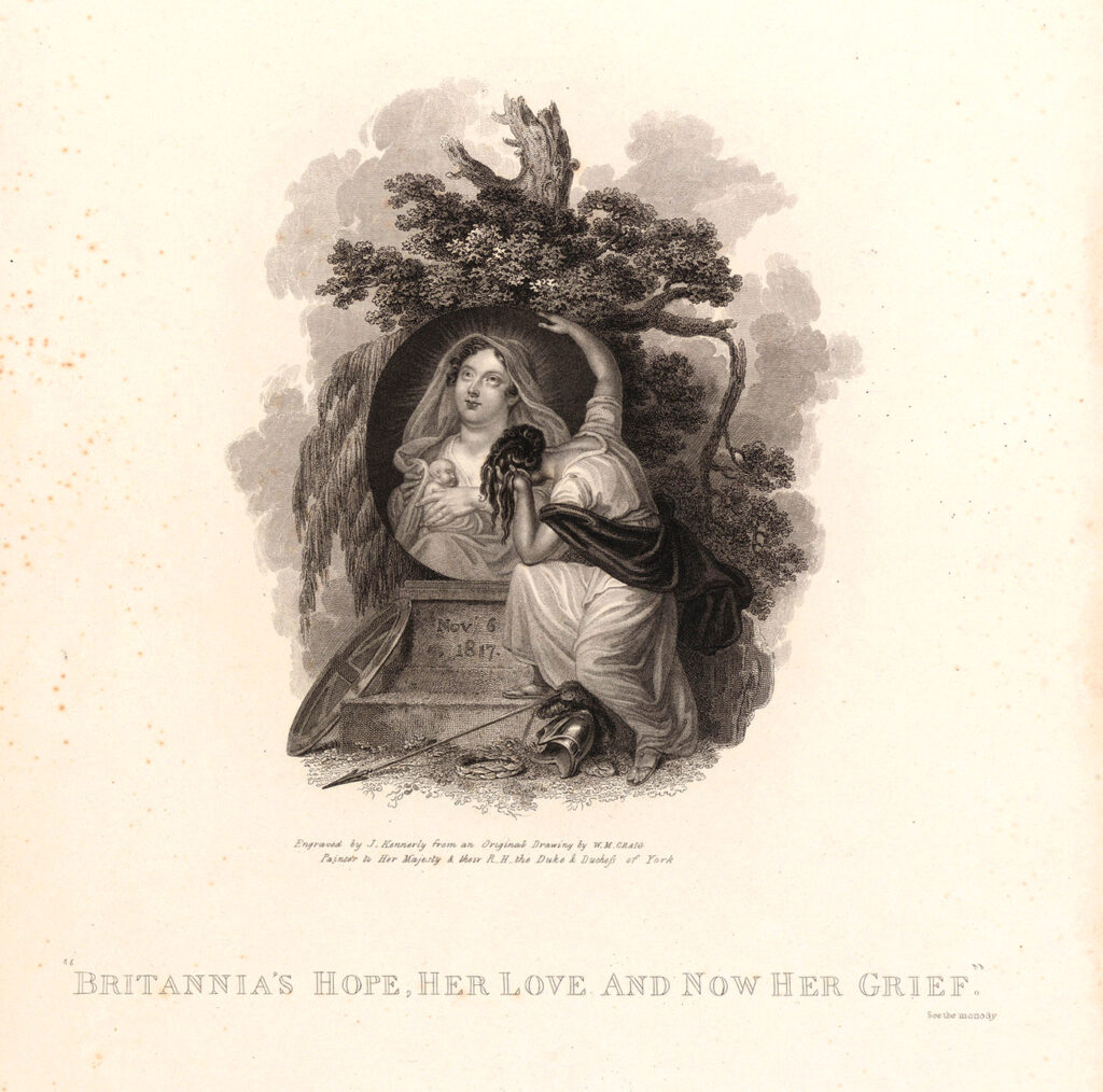 Princess Charlotte Augusta memorial print, showing Britannia weeping and the Princess of Wales in the heavens. Courtesy Royal Collection Trust UK.