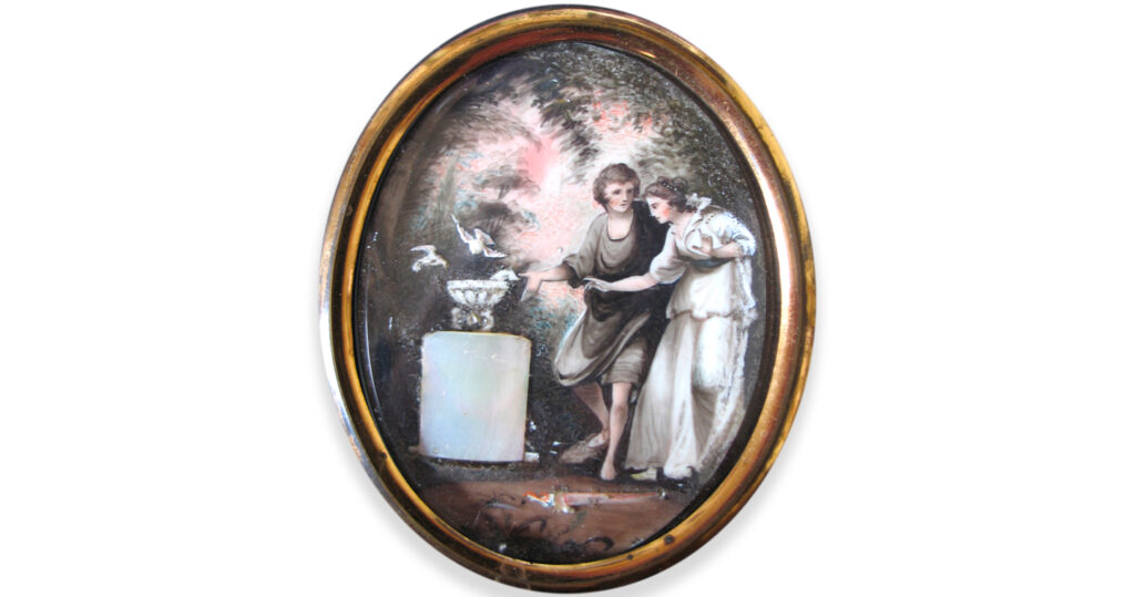Sentimental miniature of two lovers in classical garments motioning towards birds drinking at a fountain, representing betrothal and birth.