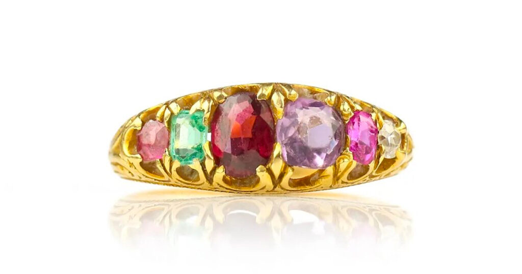 Acrostic 'REGARD' ring showing ruby, emerald, garnet, amethyst, ruby, diamond, spelling the word 'regard' with each first letter. Courtesy Ruby Lane.