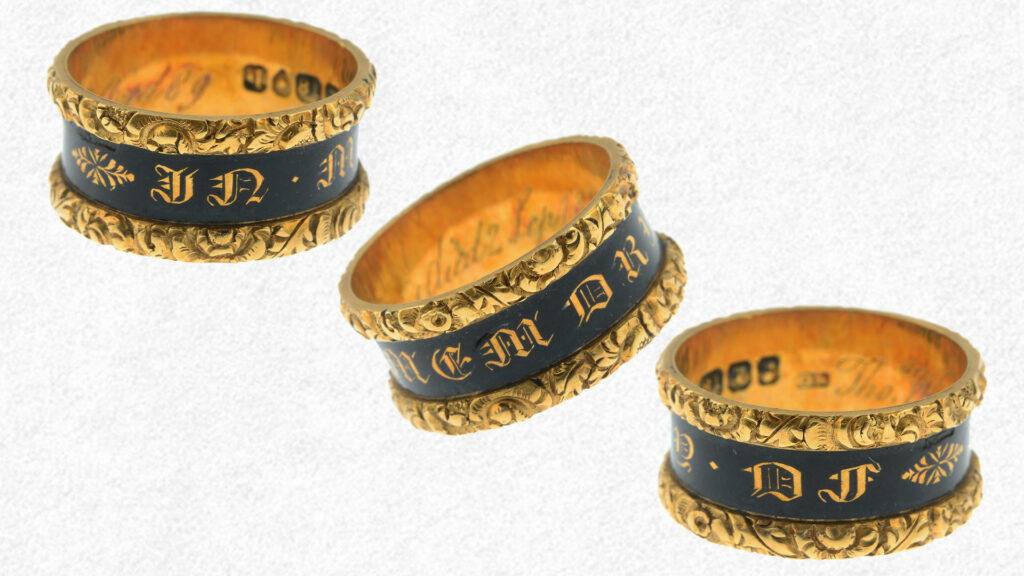 Gothic Revival mourning band showing 'IN MEMORY OF' epitaph.