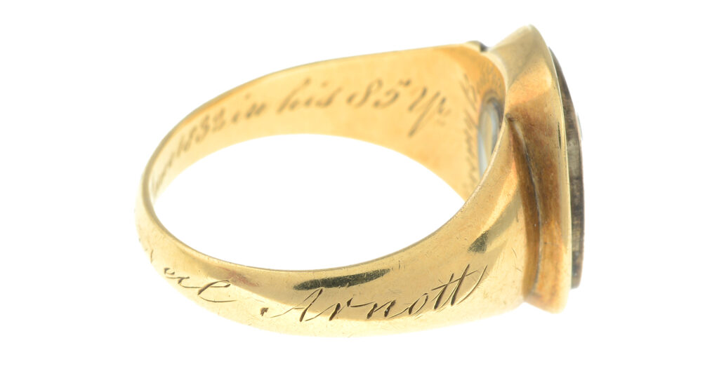 Jeremy Bentham (1748 to 1832) mourning ring, with the remains of a silhouette under the bezel and woven hair in the reverse. Gifted to Dr Neil Arnott. Courtesy Fellows Auctions UK.