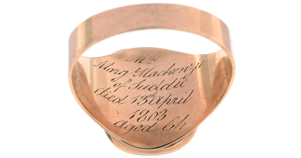 Mourning ring dedicated to 'Mrs Marg. Mackenzie of Suddie, died 13th April 1803, aged 64' from the Joseph Bonner Collection, Fellows Auctions UK.